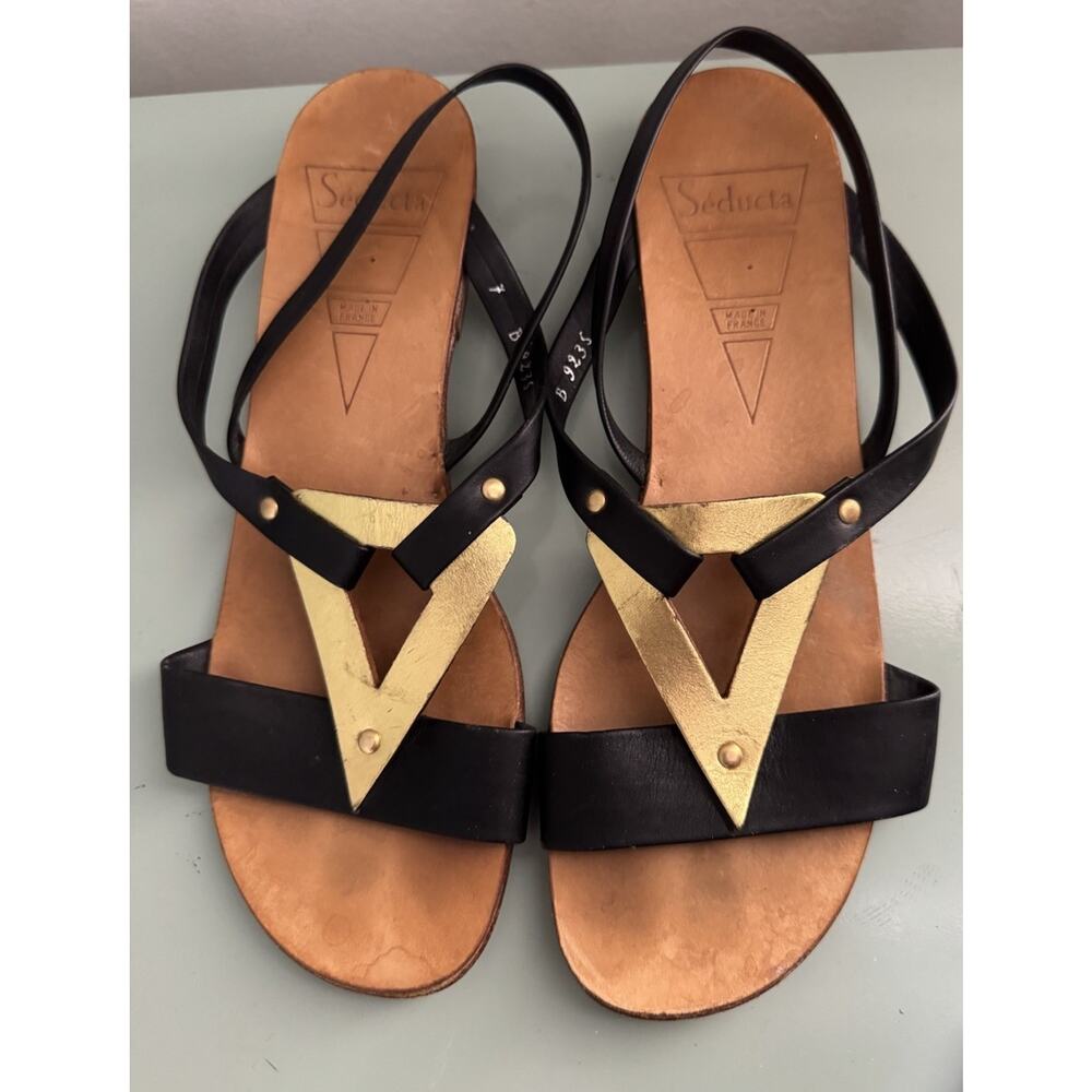 Vintage 90s Y2K Seducta Paris Leather Sandal Black Gold Leather Sz 7 - Picture 8 of 10
